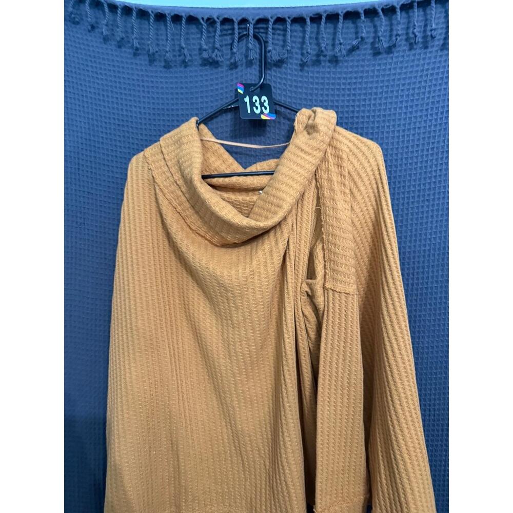 Free People  Top Womens Medium Mustard Yellow Waffle Knit Raw Hem Cowl Neck Cozy - Picture 11 of 11